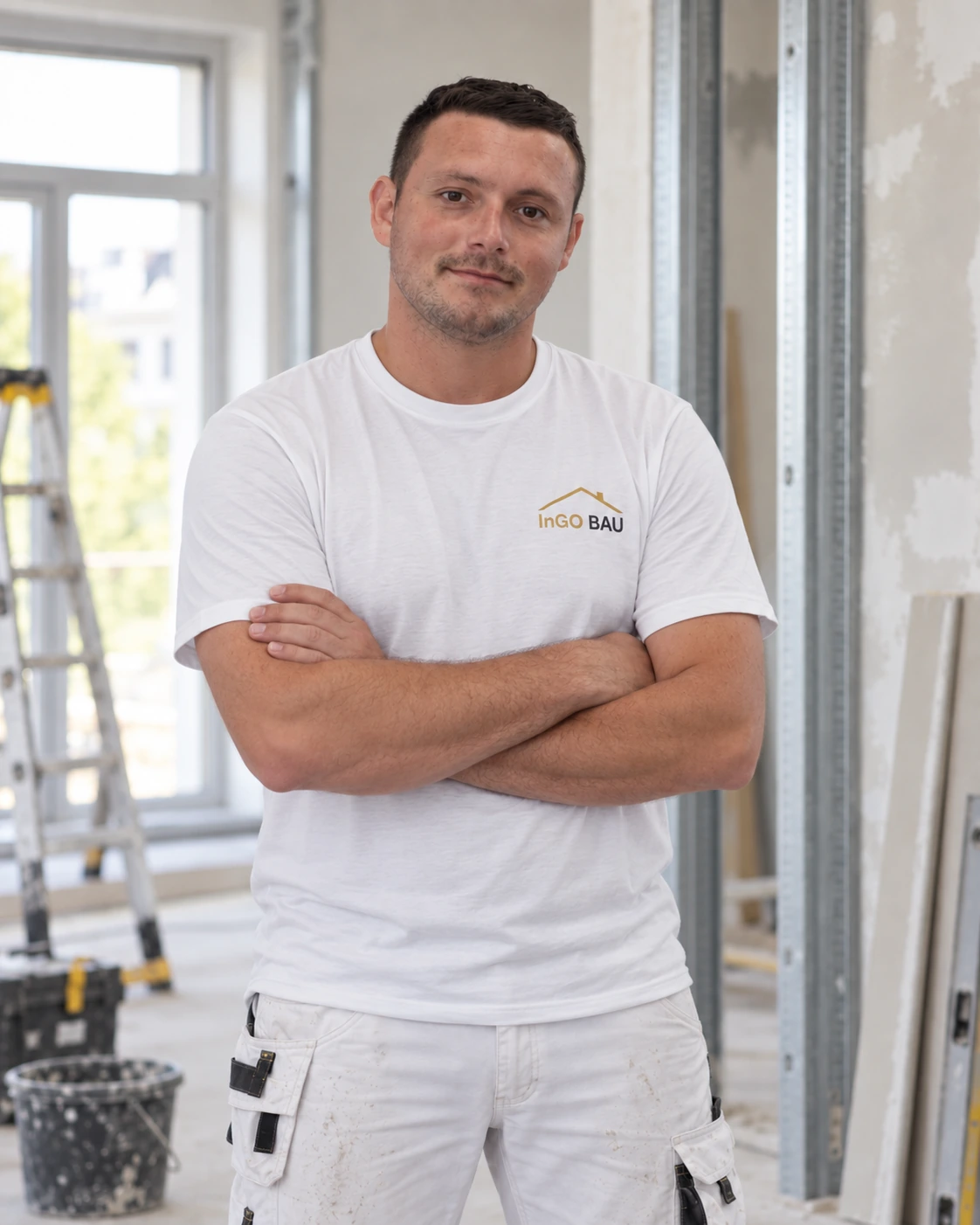 Goran Benjak, Inhaber von InGO Bau, in weißer Arbeitskleidung mit verschränkten Armen